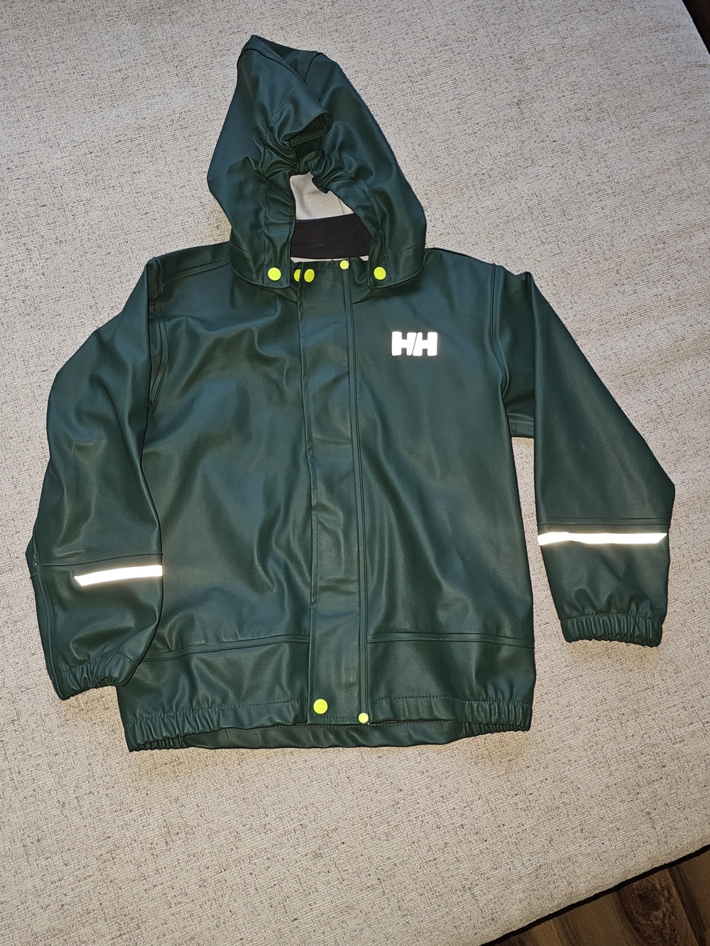 Helly Hansen Kids Dark Green Waterproof Hooded Raincoat with Reflective Accents - Picture 1 of 3
